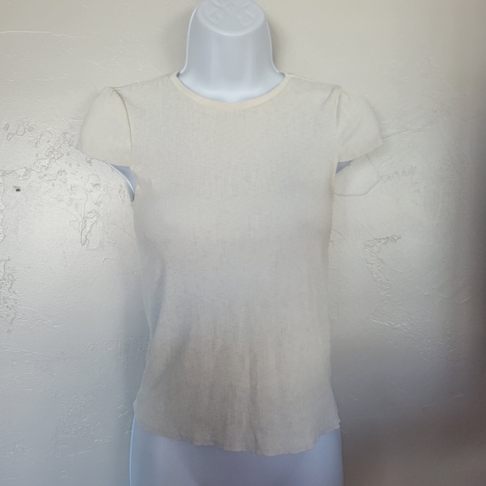 Zara Trafaluc Small Ivory White Short Sleeve Shirt Top Stretchy Crop Layering